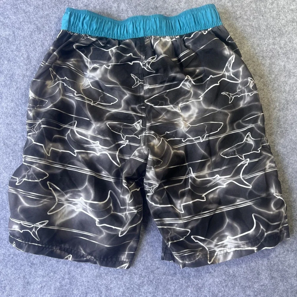 Gerry Shark Print Swim‎ Trunks L-14/16 Black Blue Polyester Board Shorts